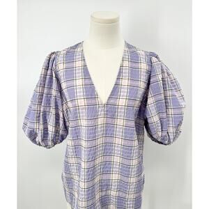 Ganni Lavender Puff Sleeve Plaid Top V-Neck Blouse Seersucker Cottagecore 36 S